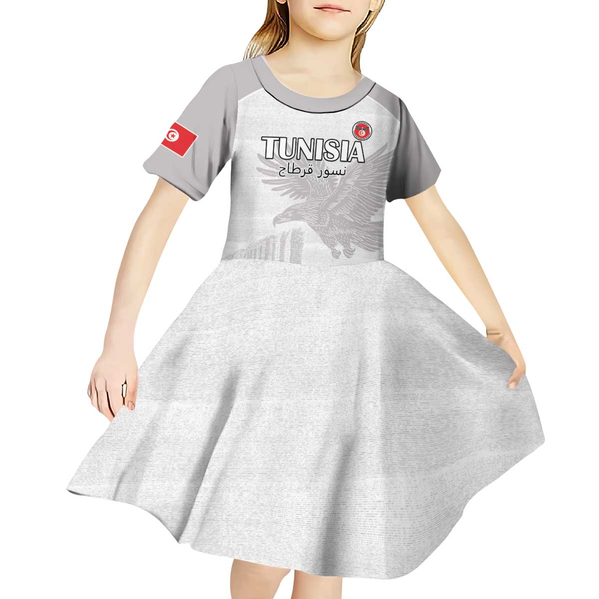Custom Tunisia Football Kid Short Sleeve Dress White Eagles of Carthage - Wonder Print Shop