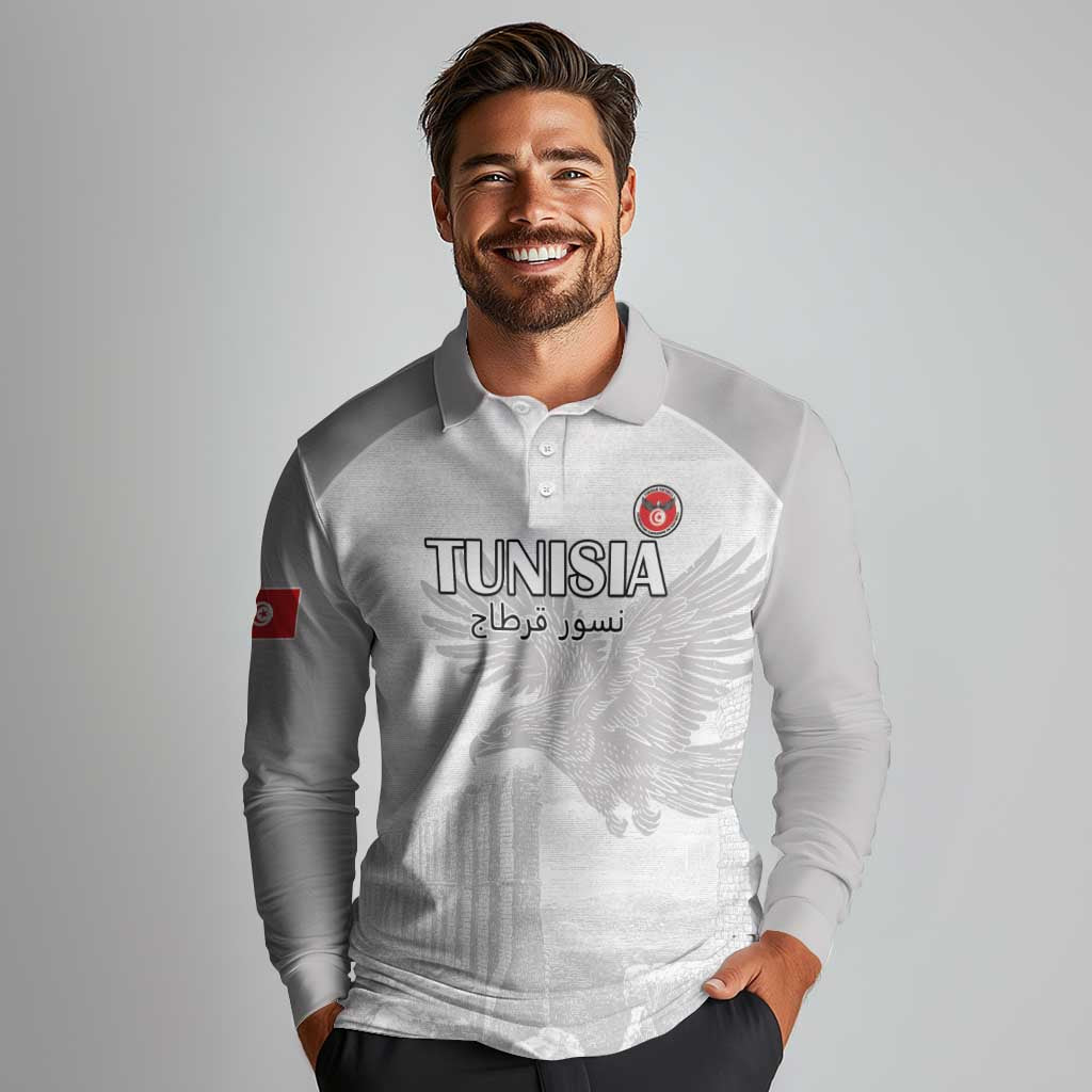 Custom Tunisia Football Long Sleeve Polo Shirt White Eagles of Carthage - Wonder Print Shop