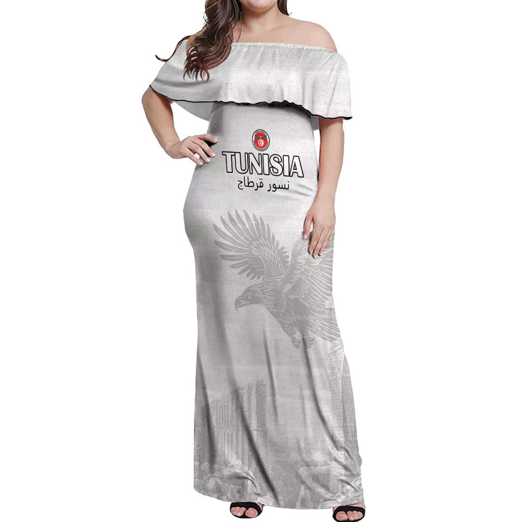 Custom Tunisia Football Off Shoulder Maxi Dress White Eagles of Carthage - Wonder Print Shop