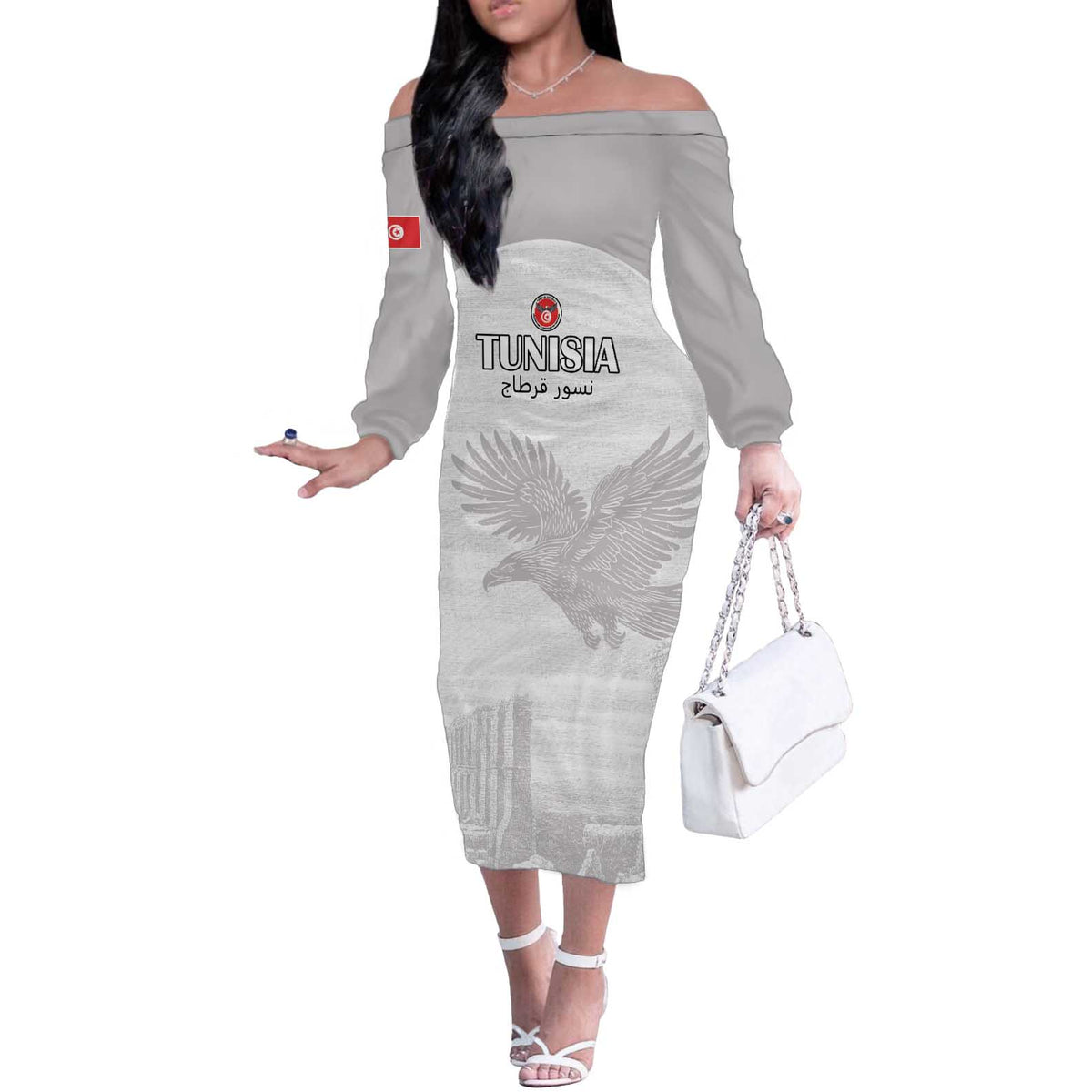 Custom Tunisia Football Off The Shoulder Long Sleeve Dress White Eagles of Carthage - Wonder Print Shop