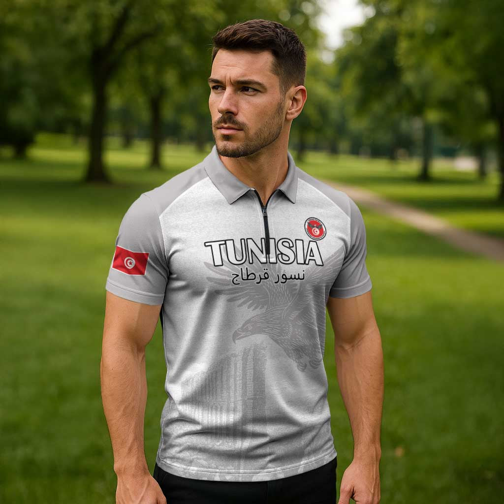 Custom Tunisia Football Zipper Polo Shirt White Eagles of Carthage - Wonder Print Shop