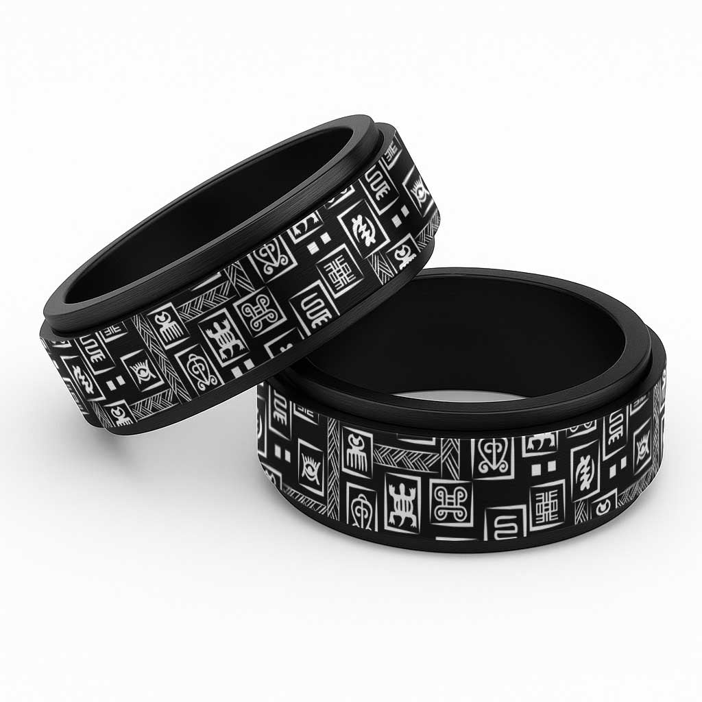 African Adinkra Symbols - Black Spinner Ring - Wonder Print Shop