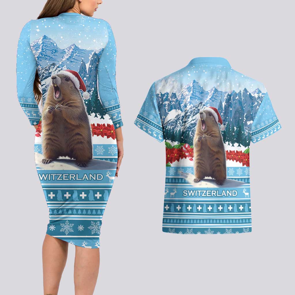 Switzerland Christmas Marmot Couples Matching Long Sleeve Bodycon Dress and Hawaiian Shirt Joyeux Noel - Wonder Print Shop