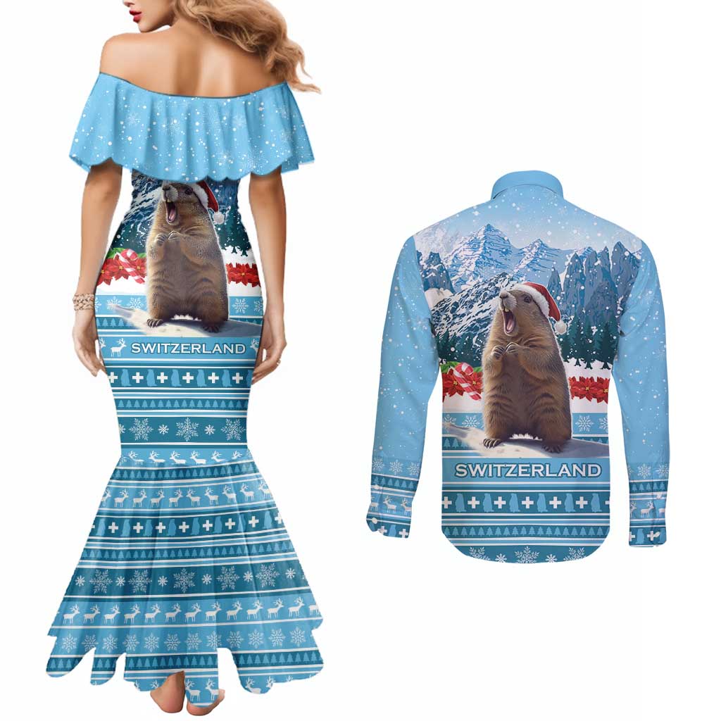 Switzerland Christmas Marmot Couples Matching Mermaid Dress and Long Sleeve Button Shirt Joyeux Noel