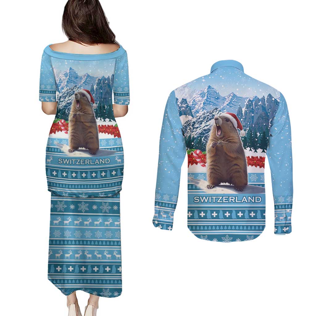 Switzerland Christmas Marmot Couples Matching Puletasi and Long Sleeve Button Shirt Joyeux Noel - Wonder Print Shop
