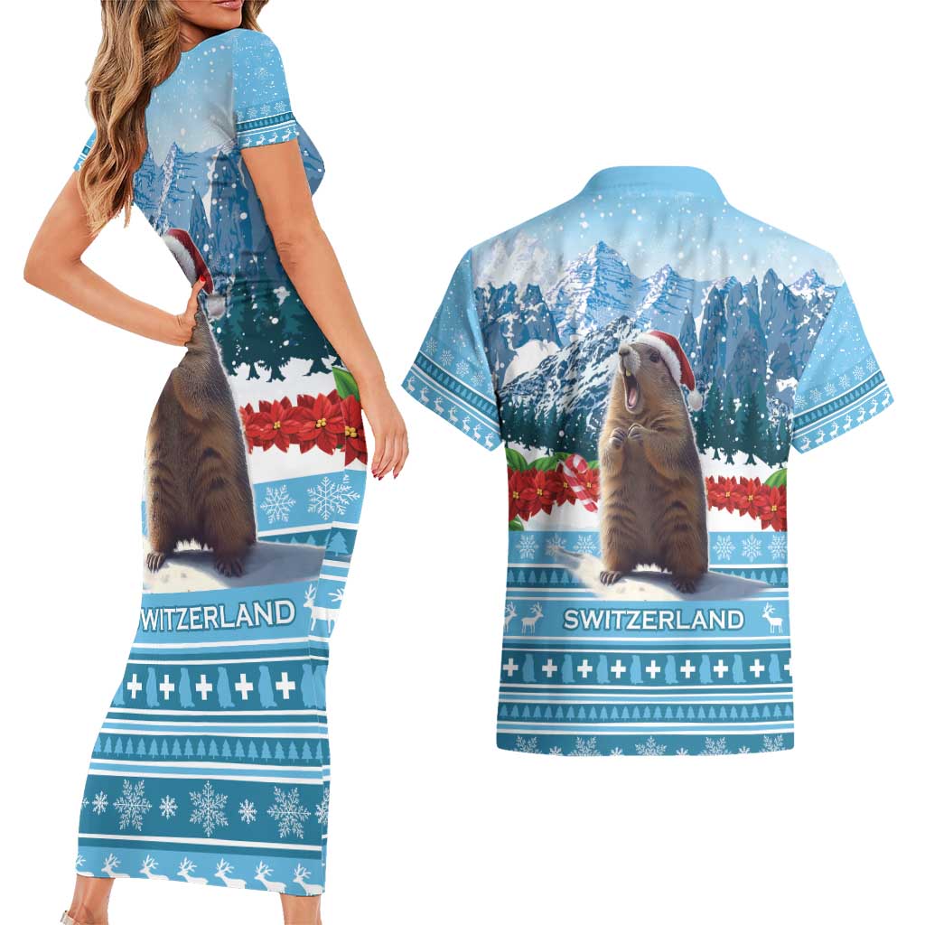 Switzerland Christmas Marmot Couples Matching Short Sleeve Bodycon Dress and Hawaiian Shirt Joyeux Noel - Wonder Print Shop