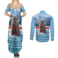 Switzerland Christmas Marmot Couples Matching Summer Maxi Dress and Long Sleeve Button Shirt Joyeux Noel - Wonder Print Shop