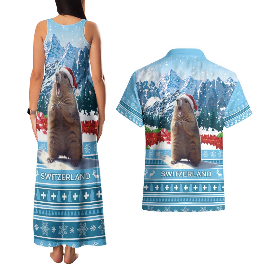 Switzerland Christmas Marmot Couples Matching Tank Maxi Dress and Hawaiian Shirt Joyeux Noel - Wonder Print Shop