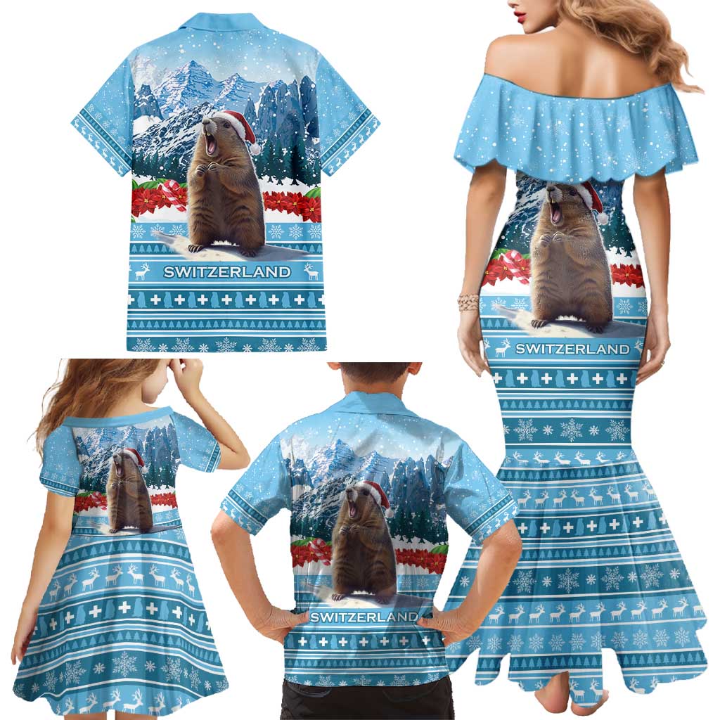 Switzerland Christmas Marmot Family Matching Mermaid Dress and Hawaiian Shirt Joyeux Noel - Wonder Print Shop
