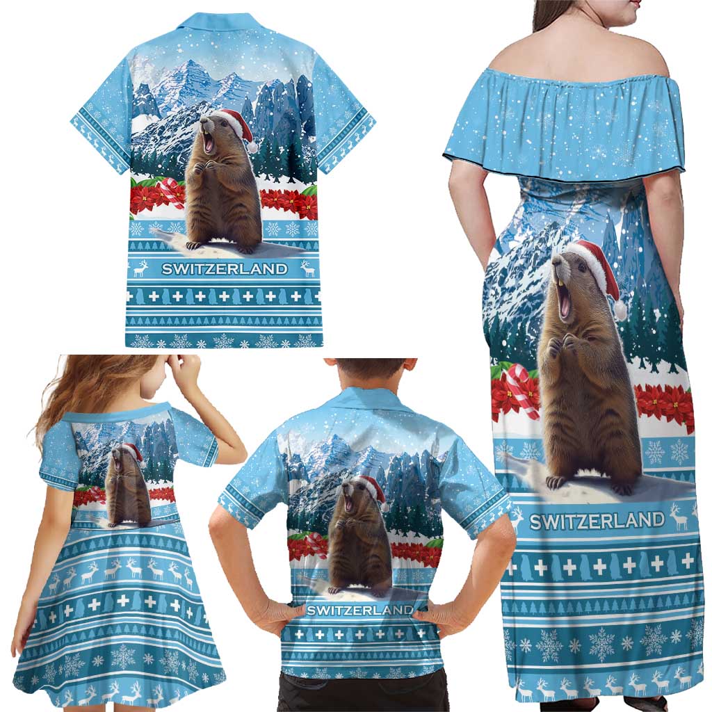 Switzerland Christmas Marmot Family Matching Off Shoulder Maxi Dress and Hawaiian Shirt Joyeux Noel - Wonder Print Shop