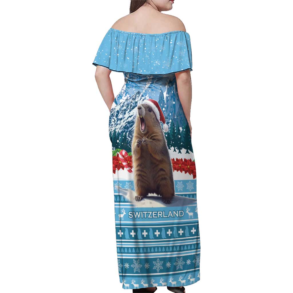 Switzerland Christmas Marmot Family Matching Off Shoulder Maxi Dress and Hawaiian Shirt Joyeux Noel - Wonder Print Shop