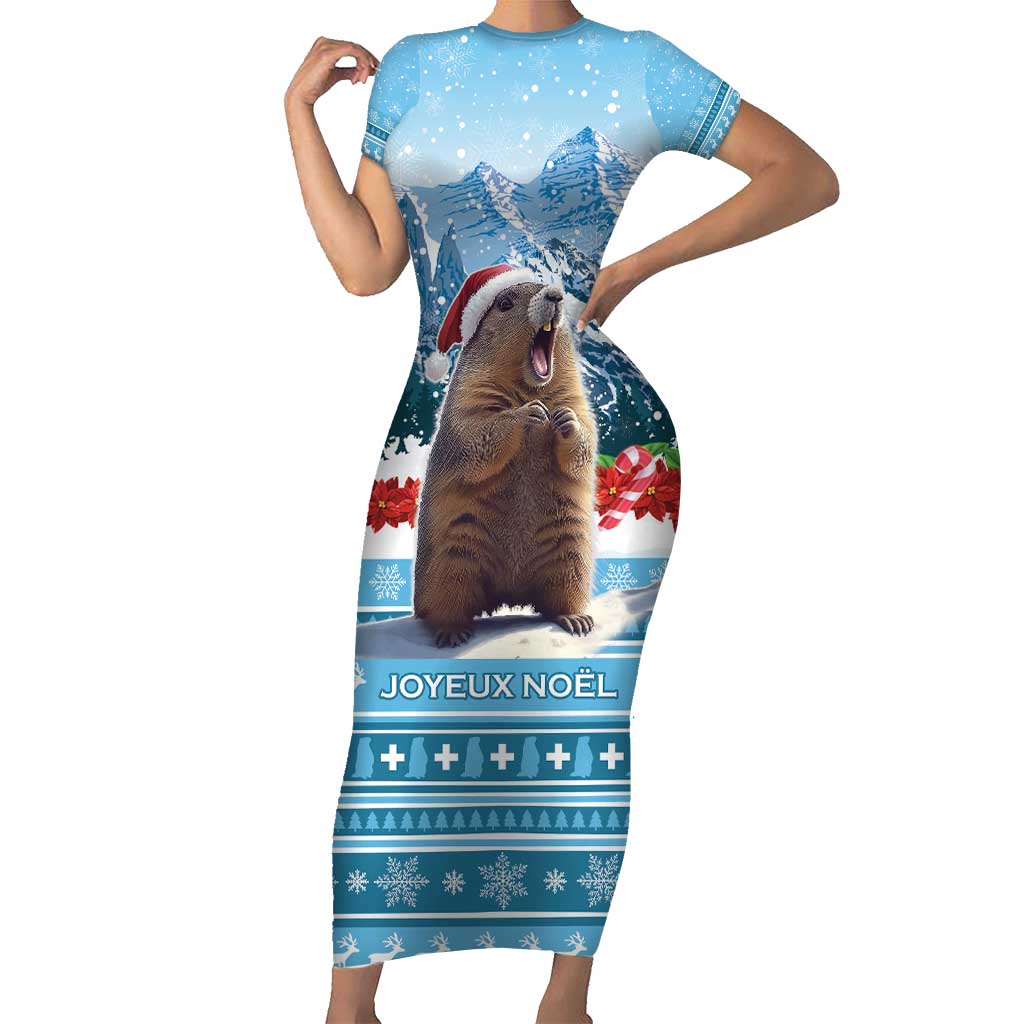 Switzerland Christmas Marmot Short Sleeve Bodycon Dress Joyeux Noel - Wonder Print Shop