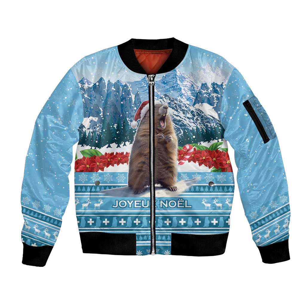 Switzerland Christmas Marmot Sleeve Zip Bomber Jacket Joyeux Noel - Wonder Print Shop