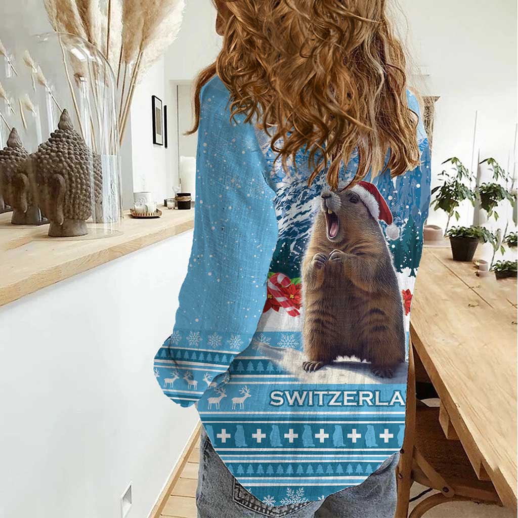 Switzerland Christmas Marmot Women Casual Shirt Joyeux Noel - Wonder Print Shop