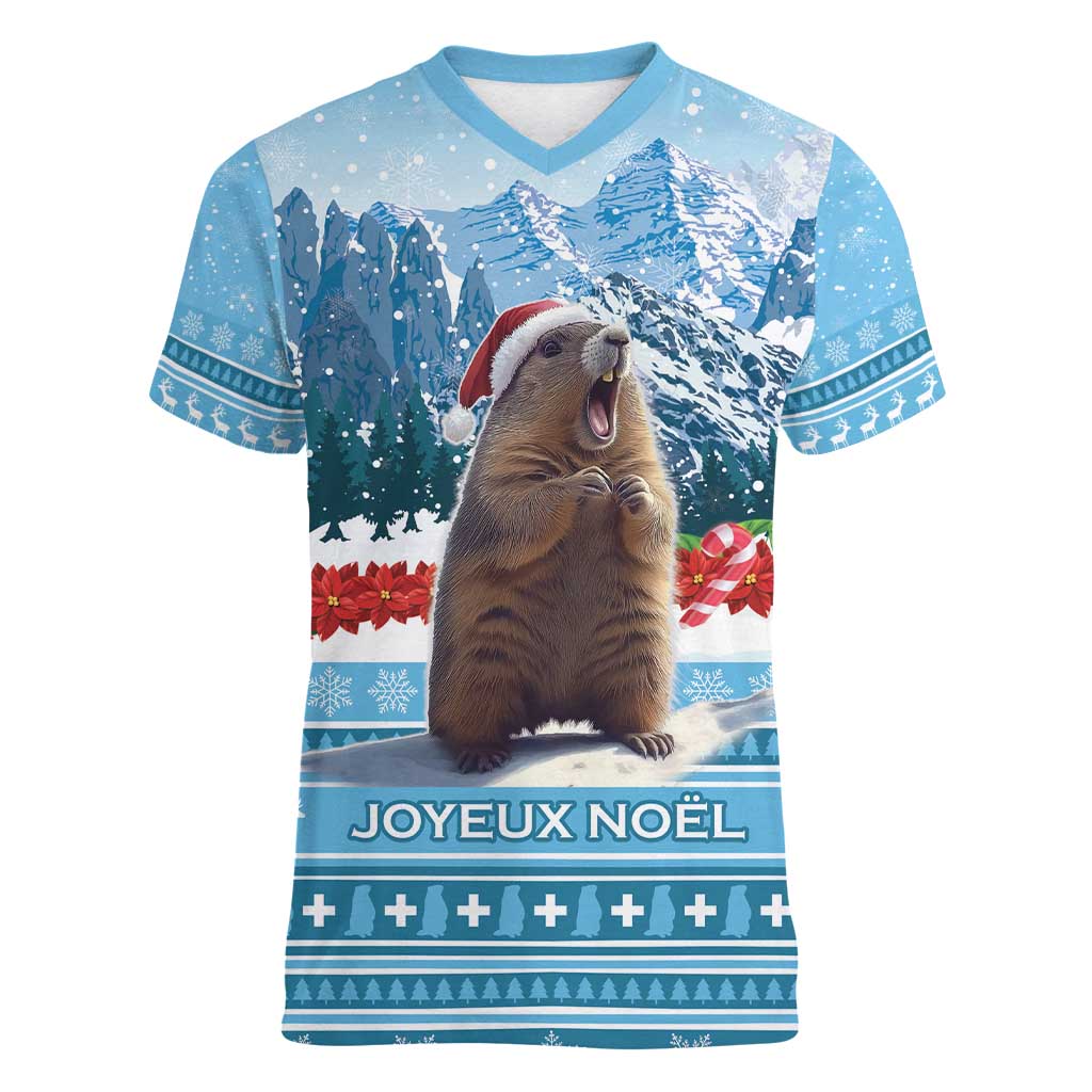 Switzerland Christmas Marmot Women V-Neck T-Shirt Joyeux Noel - Wonder Print Shop