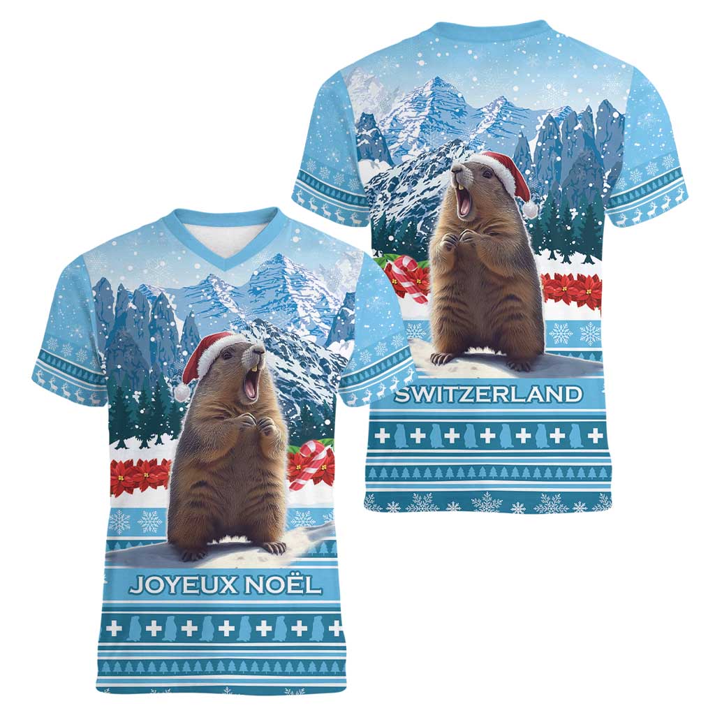 Switzerland Christmas Marmot Women V-Neck T-Shirt Joyeux Noel - Wonder Print Shop