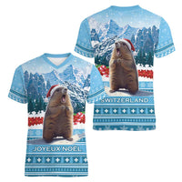 Switzerland Christmas Marmot Women V-Neck T-Shirt Joyeux Noel - Wonder Print Shop