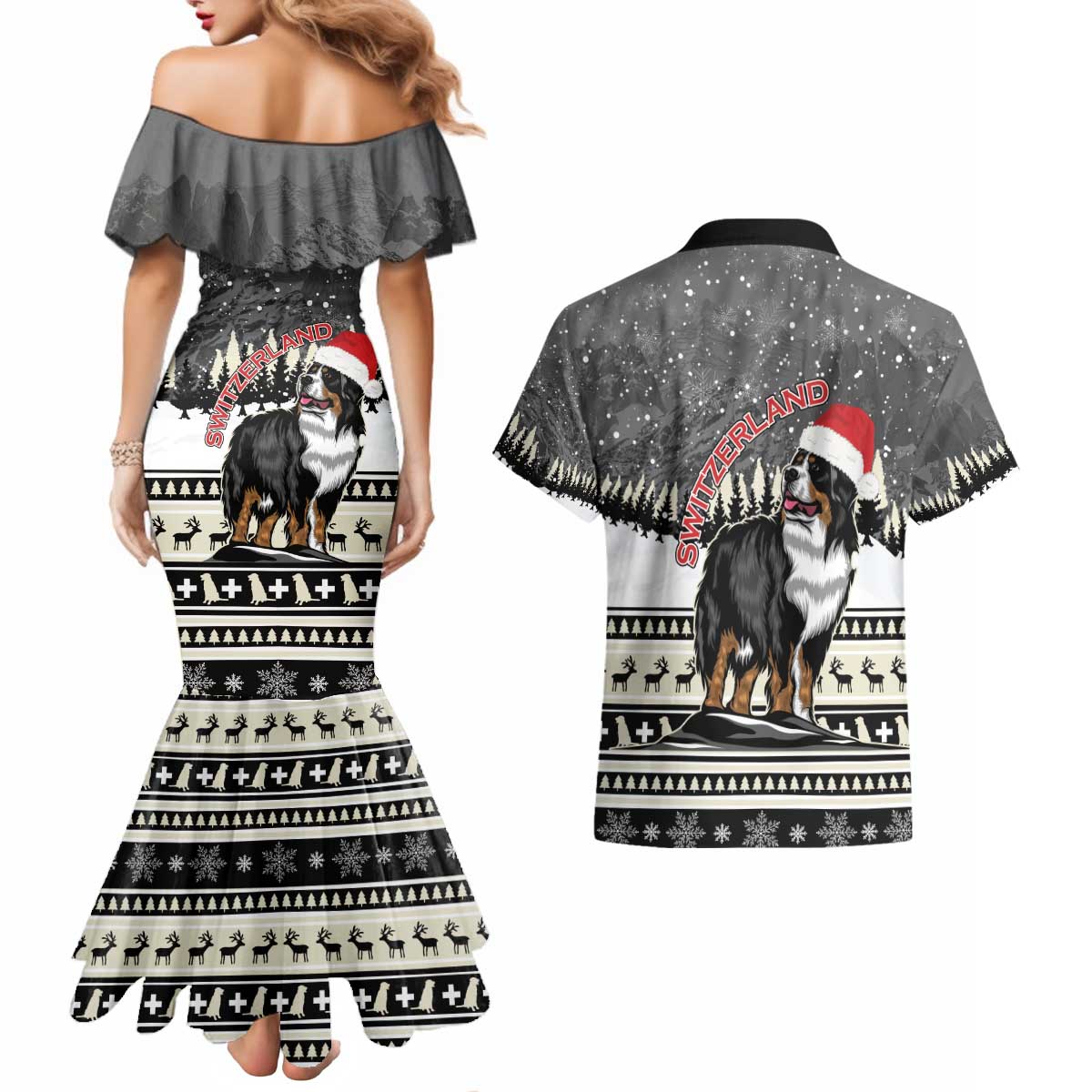 Switzerland Christmas Bernese Mountain Dog Couples Matching Mermaid Dress and Hawaiian Shirt Joyeux Noel - Wonder Print Shop