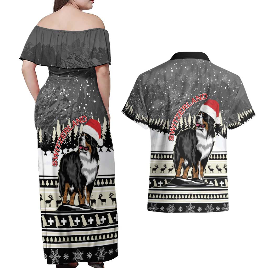 Switzerland Christmas Bernese Mountain Dog Couples Matching Off Shoulder Maxi Dress and Hawaiian Shirt Joyeux Noel - Wonder Print Shop