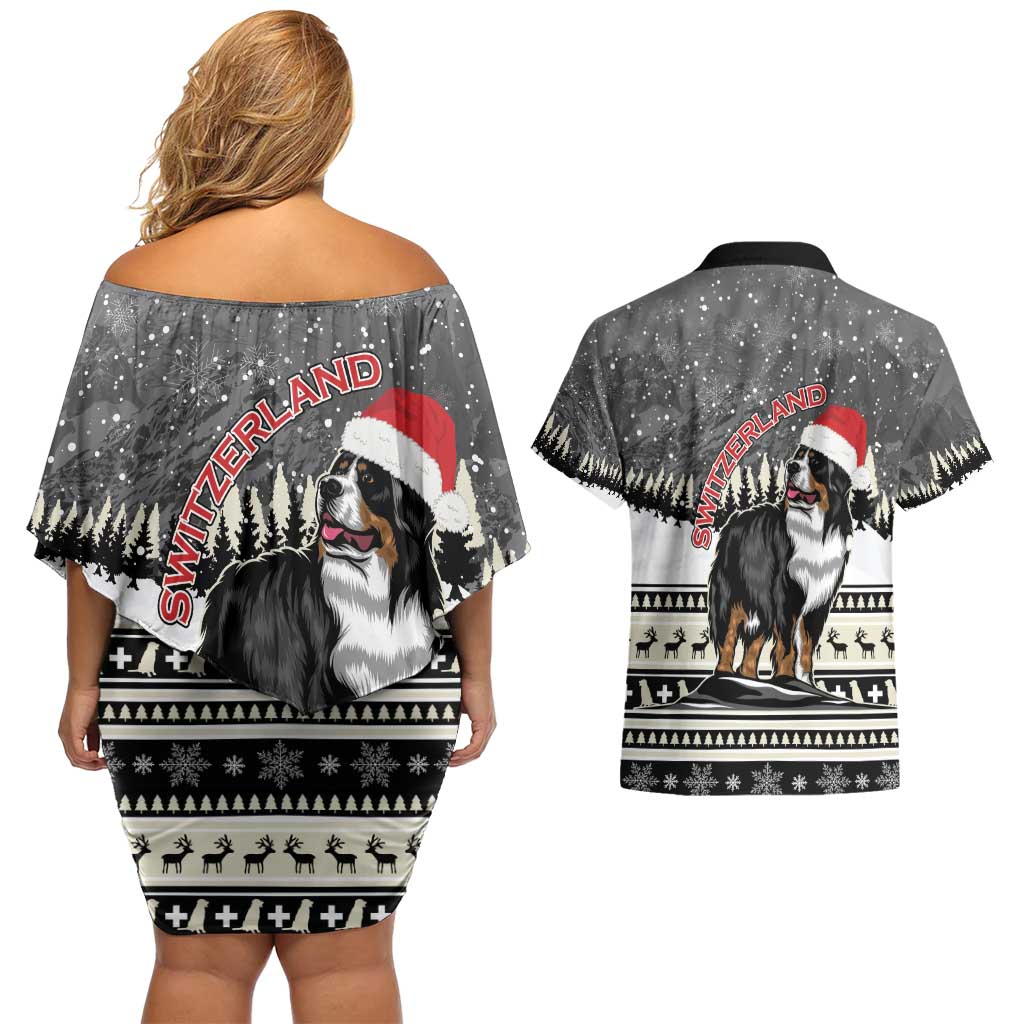 Switzerland Christmas Bernese Mountain Dog Couples Matching Off Shoulder Short Dress and Hawaiian Shirt Joyeux Noel - Wonder Print Shop