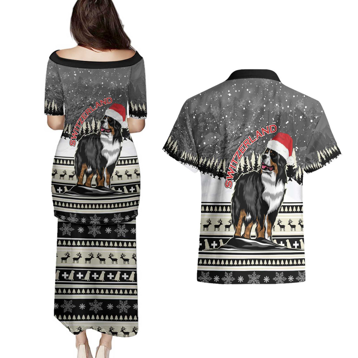 Switzerland Christmas Bernese Mountain Dog Couples Matching Puletasi and Hawaiian Shirt Joyeux Noel - Wonder Print Shop