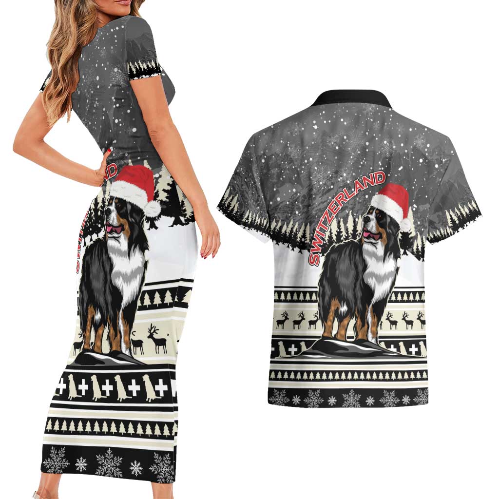 Switzerland Christmas Bernese Mountain Dog Couples Matching Short Sleeve Bodycon Dress and Hawaiian Shirt Joyeux Noel - Wonder Print Shop