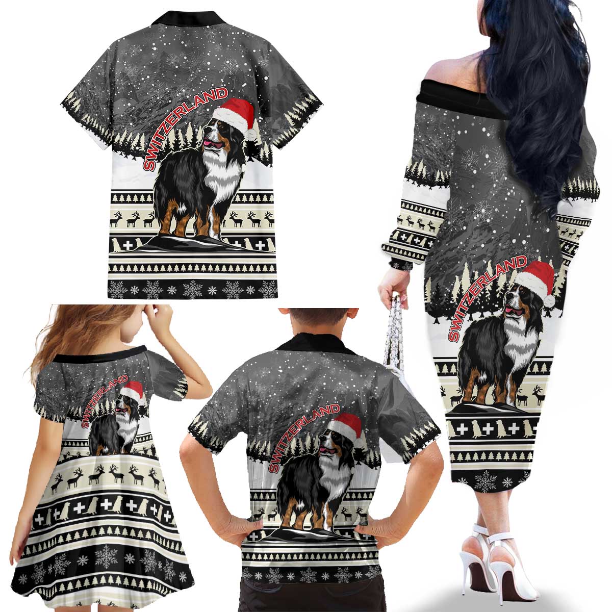 Switzerland Christmas Bernese Mountain Dog Family Matching Off The Shoulder Long Sleeve Dress and Hawaiian Shirt Joyeux Noel - Wonder Print Shop