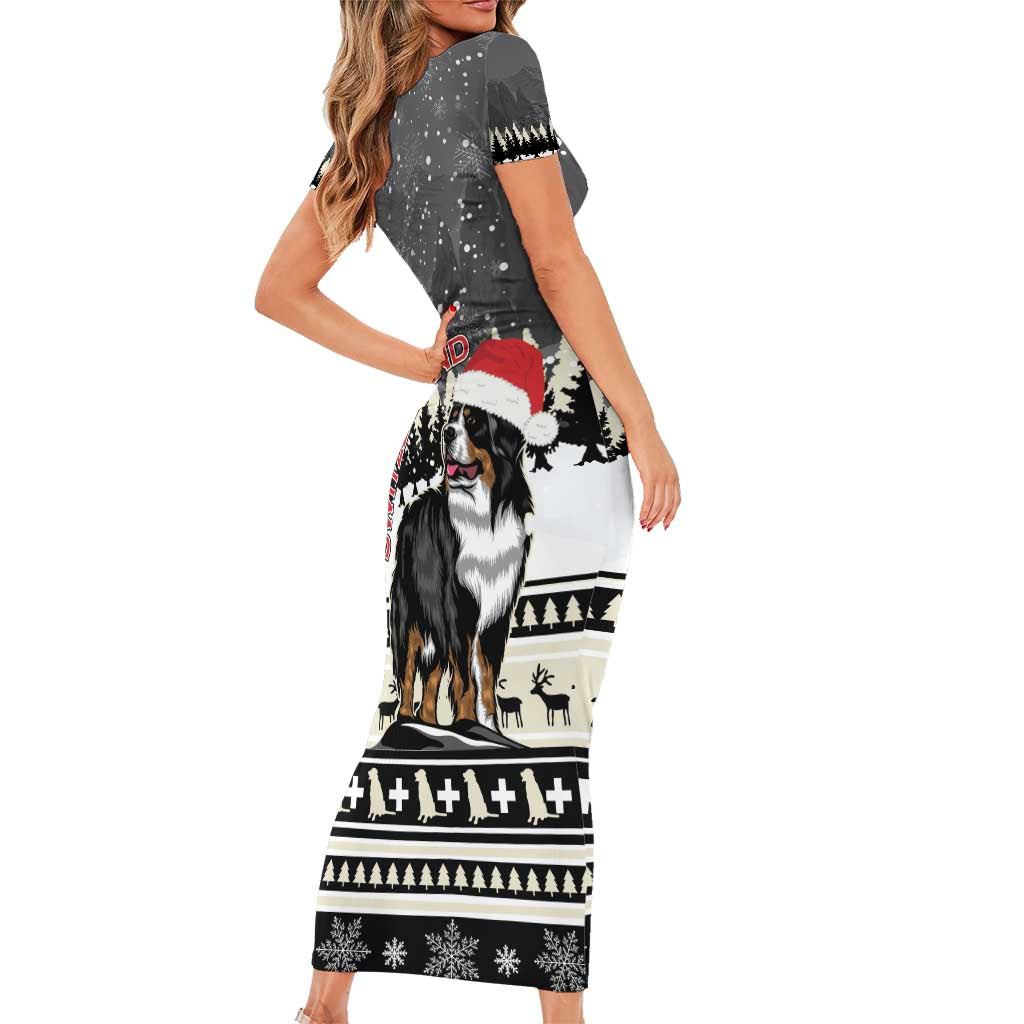 Switzerland Christmas Bernese Mountain Dog Family Matching Short Sleeve Bodycon Dress and Hawaiian Shirt Joyeux Noel - Wonder Print Shop