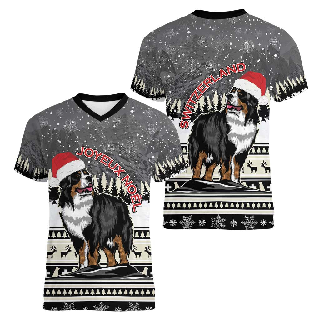Switzerland Christmas Bernese Mountain Dog Women V-Neck T-Shirt Joyeux Noel - Wonder Print Shop