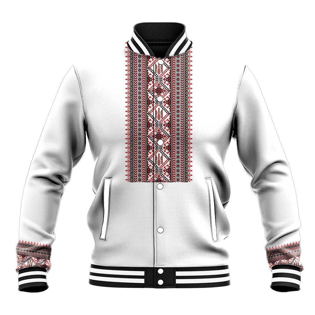 Personalized Ukrainian Trident Baseball Jacket White Tryzub Vyshyvanka Pattern - Wonder Print Shop