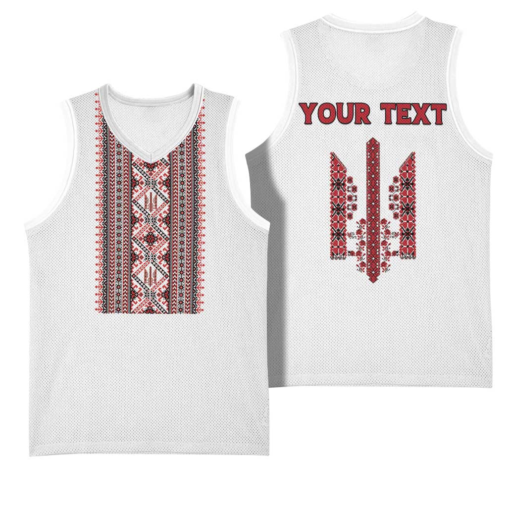 Personalized Ukrainian Trident Basketball Jersey White Tryzub Vyshyvanka Pattern - Wonder Print Shop