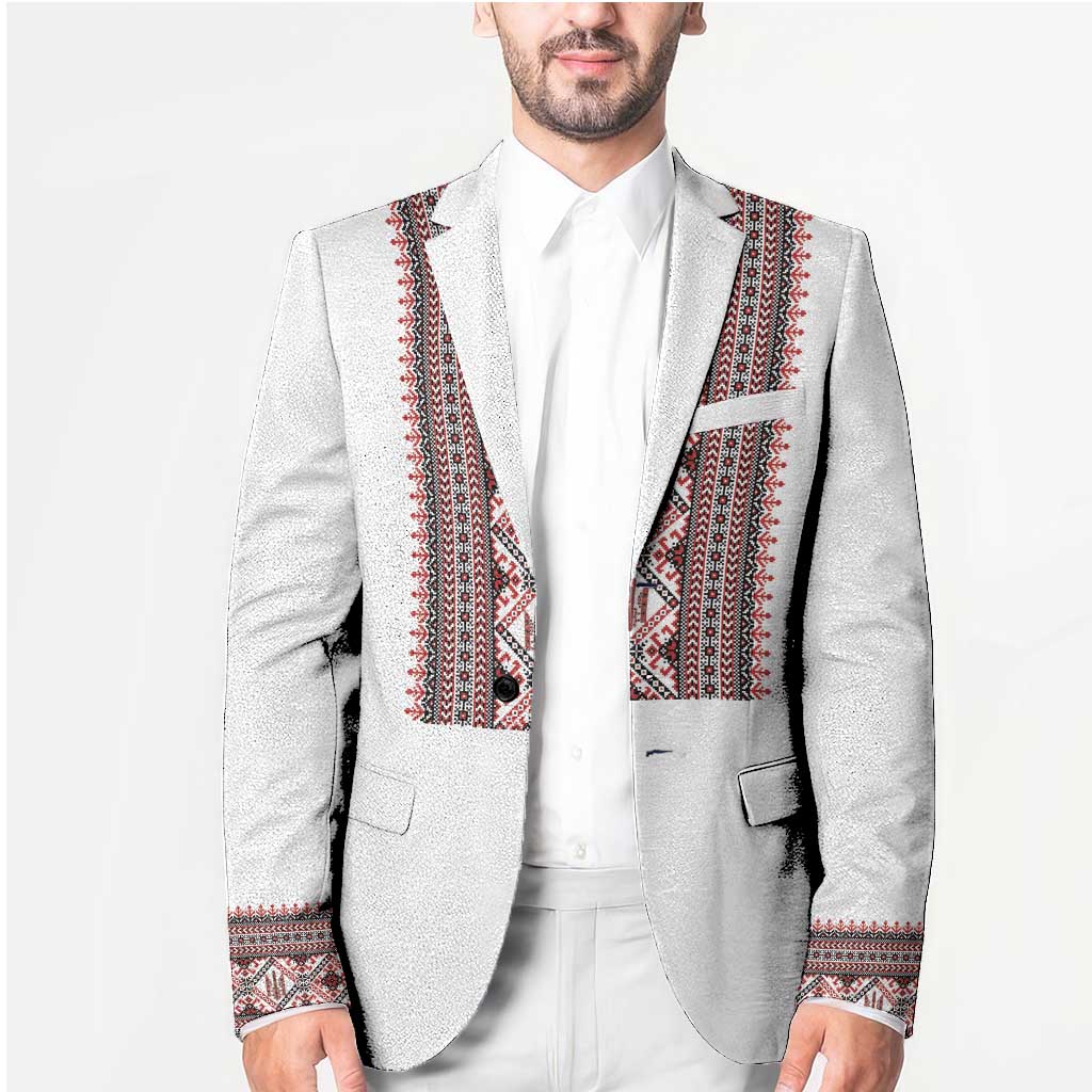 Personalized Ukrainian Trident Blazer White Tryzub Vyshyvanka Pattern - Wonder Print Shop