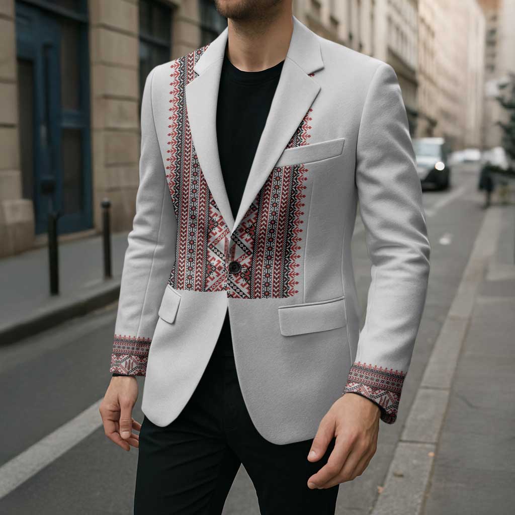Personalized Ukrainian Trident Blazer White Tryzub Vyshyvanka Pattern - Wonder Print Shop