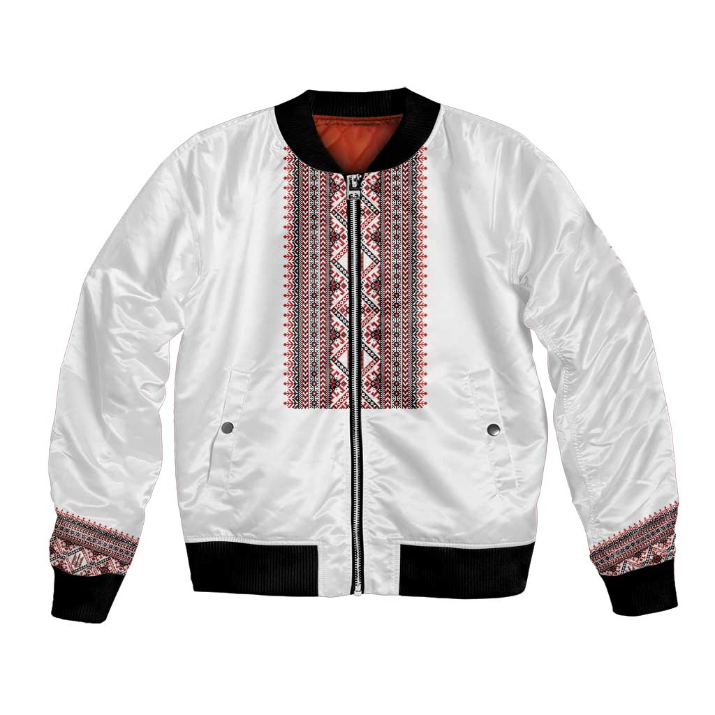 Personalized Ukrainian Trident Bomber Jacket White Tryzub Vyshyvanka Pattern - Wonder Print Shop