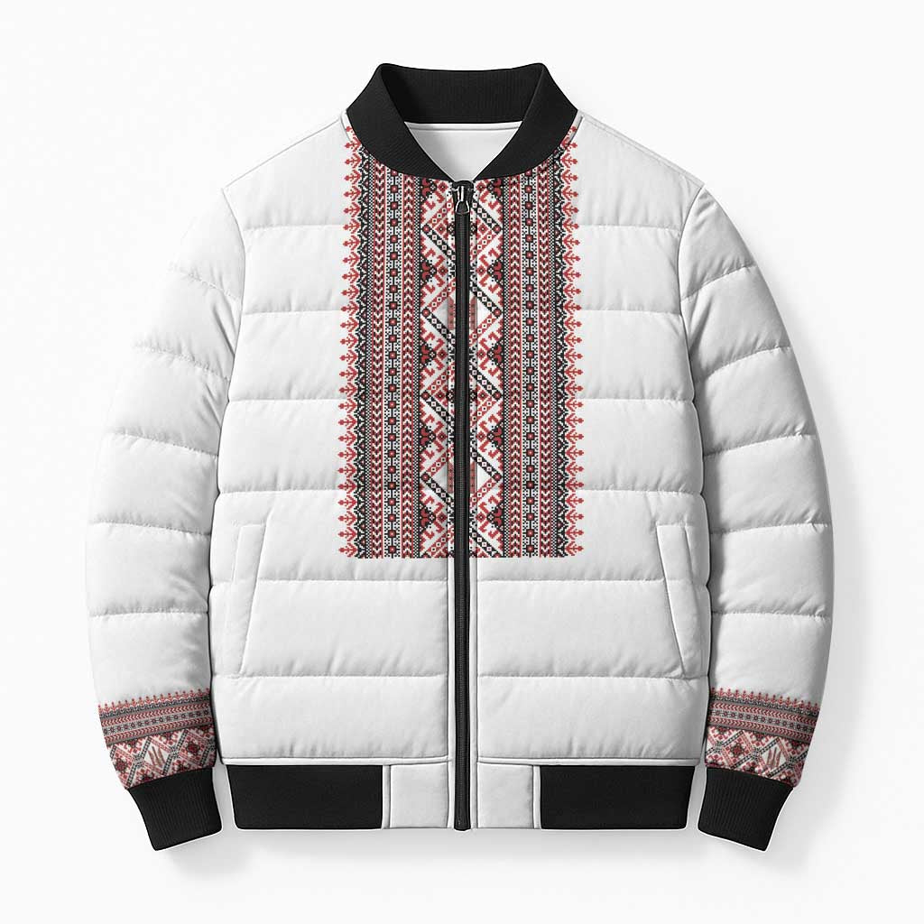 Personalized Ukrainian Trident Bomber Puffer Jacket White Tryzub Vyshyvanka Pattern - Wonder Print Shop