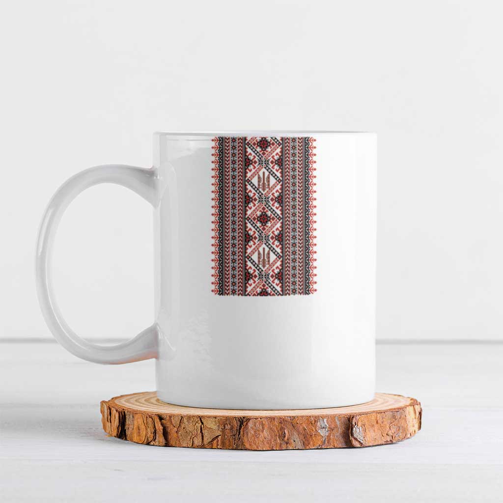 Ukrainian Trident Ceramic Mug White Tryzub Vyshyvanka Pattern - Wonder Print Shop