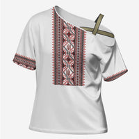 Personalized Ukrainian Trident Cross Shoulder Shirt White Tryzub Vyshyvanka Pattern - Wonder Print Shop