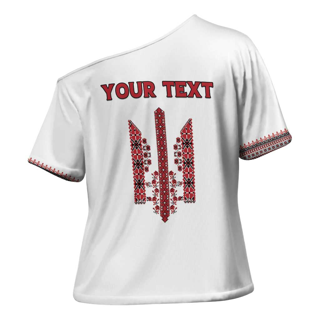 Personalized Ukrainian Trident Cross Shoulder Shirt White Tryzub Vyshyvanka Pattern - Wonder Print Shop