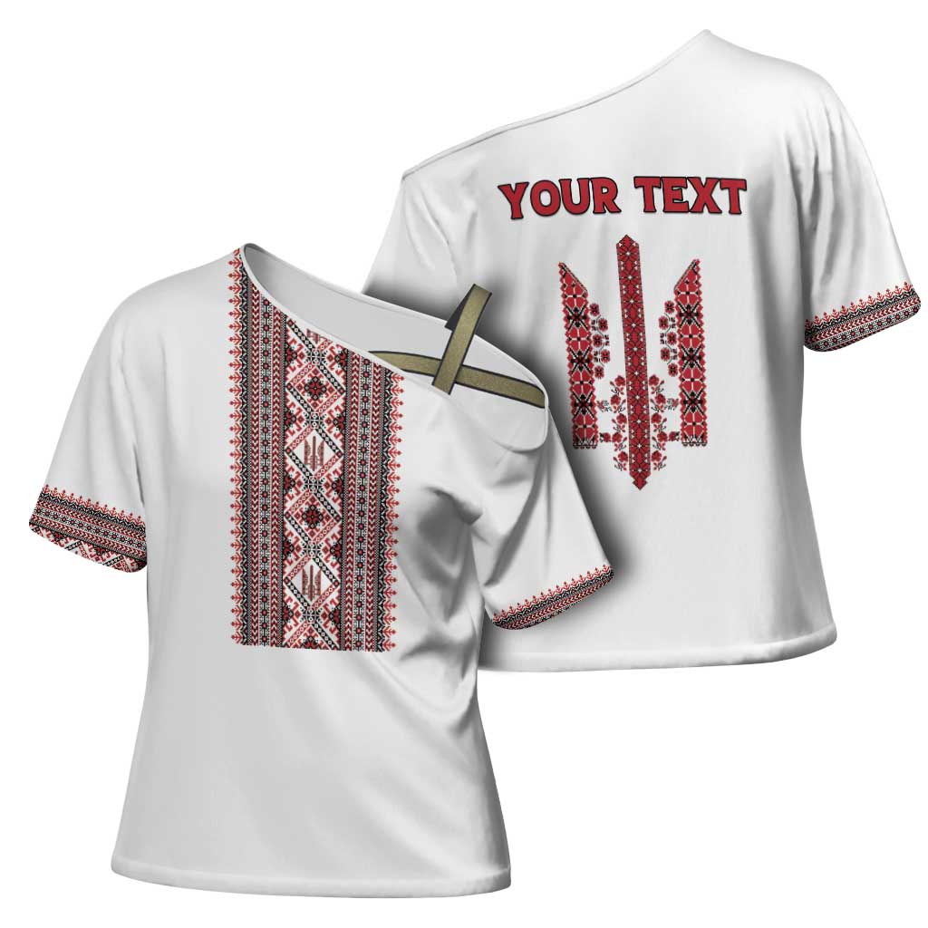 Personalized Ukrainian Trident Cross Shoulder Shirt White Tryzub Vyshyvanka Pattern - Wonder Print Shop