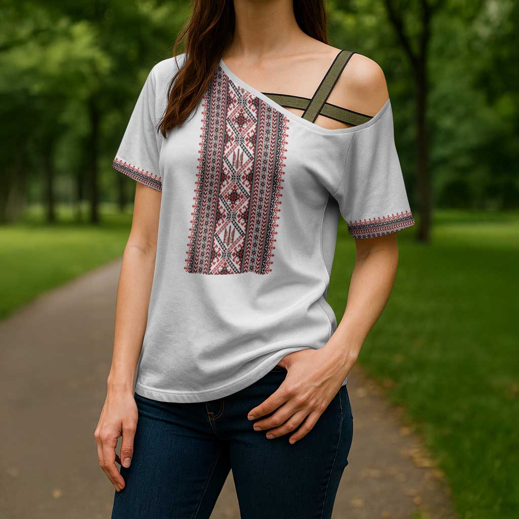 Personalized Ukrainian Trident Cross Shoulder Shirt White Tryzub Vyshyvanka Pattern - Wonder Print Shop