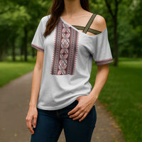 Personalized Ukrainian Trident Cross Shoulder Shirt White Tryzub Vyshyvanka Pattern - Wonder Print Shop