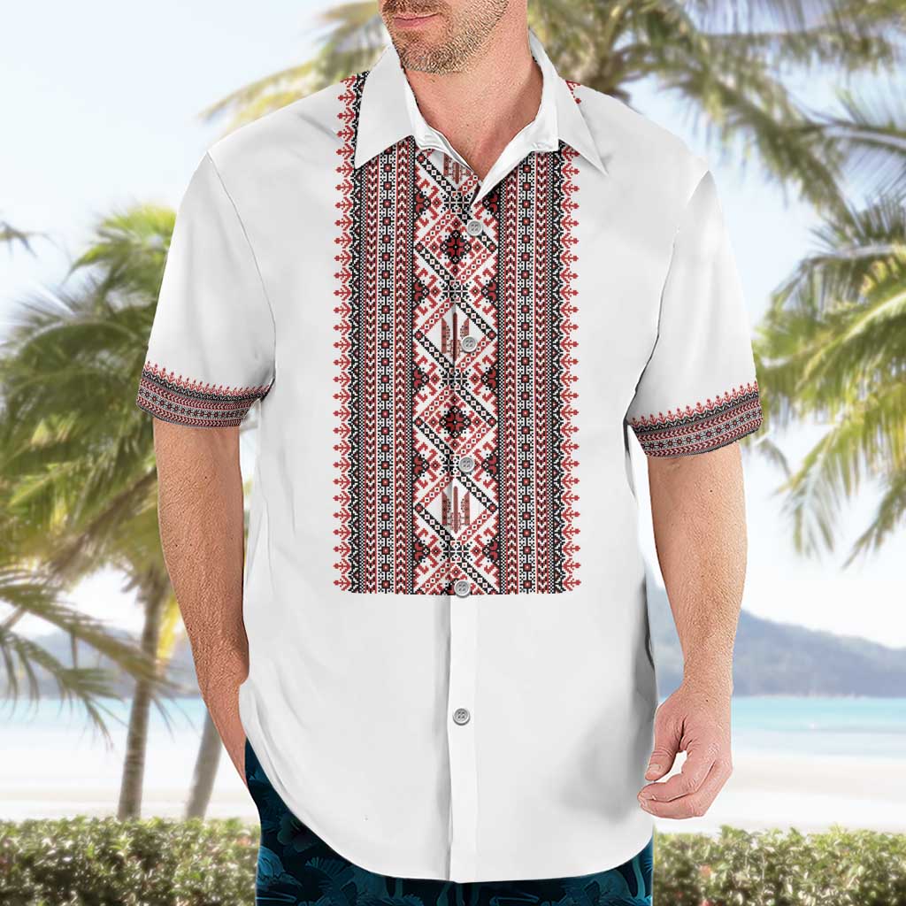 Personalized Ukrainian Trident Hawaiian Shirt White Tryzub Vyshyvanka Pattern - Wonder Print Shop
