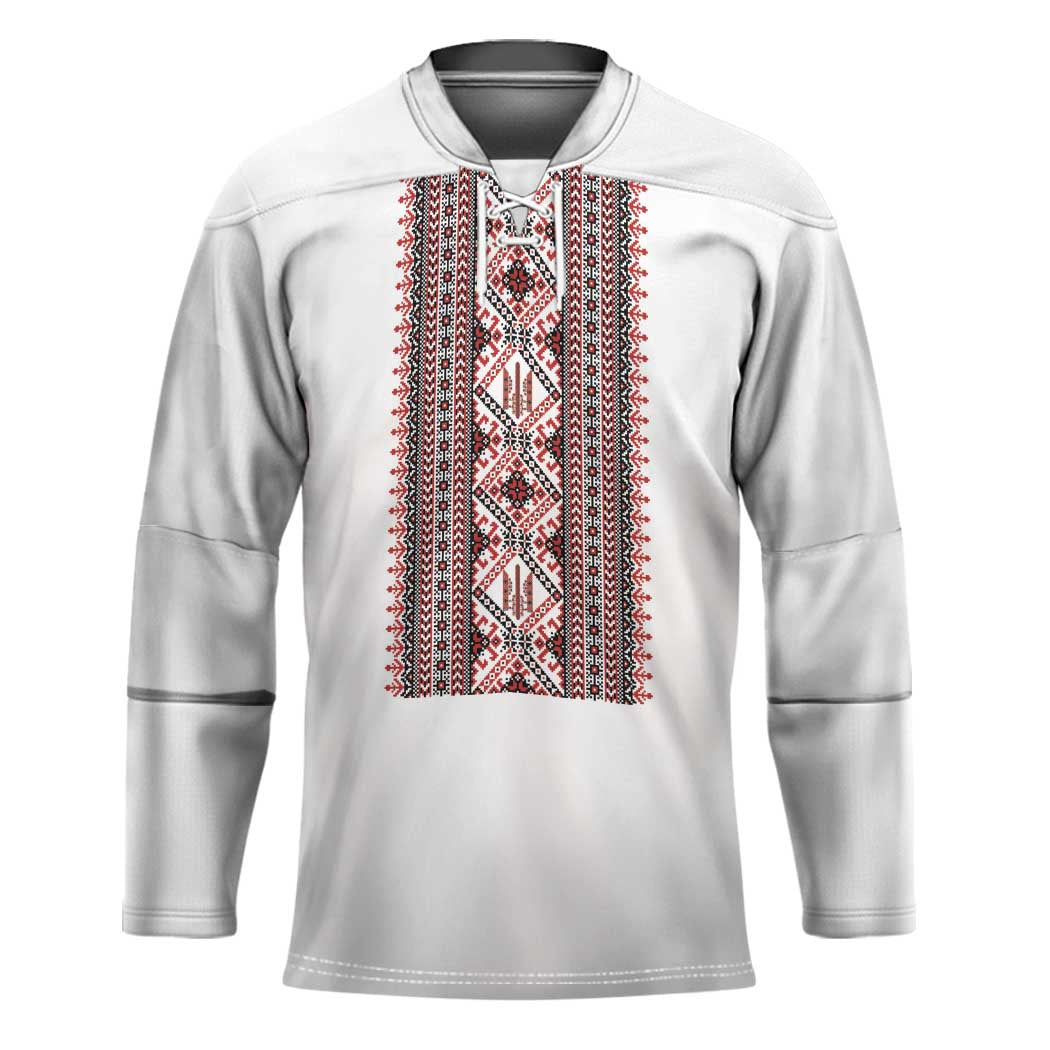 Personalized Ukrainian Trident Hockey Jersey White Tryzub Vyshyvanka Pattern - Wonder Print Shop