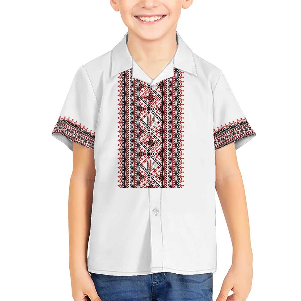 Personalized Ukrainian Trident Kid Hawaiian Shirt White Tryzub Vyshyvanka Pattern - Wonder Print Shop