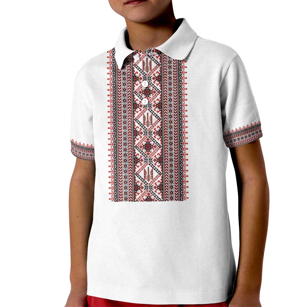 Personalized Ukrainian Trident Kid Polo Shirt White Tryzub Vyshyvanka Pattern - Wonder Print Shop