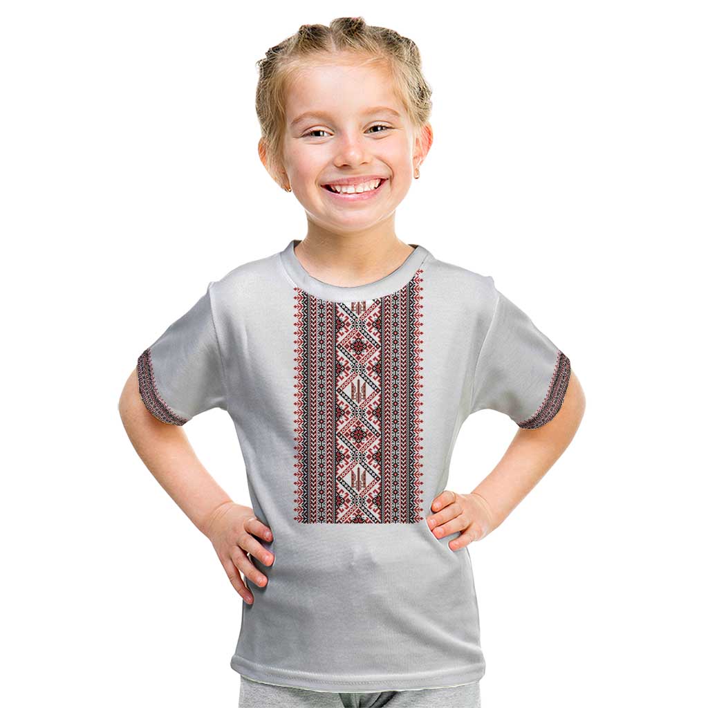 Personalized Ukrainian Trident Kid T Shirt White Tryzub Vyshyvanka Pattern - Wonder Print Shop