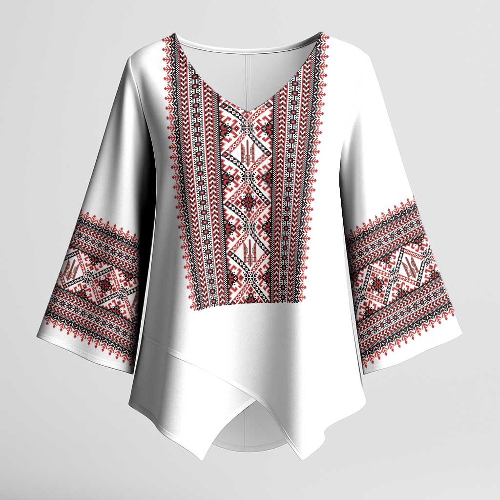 Personalized Ukrainian Trident Kimono Sleeve Blouse White Tryzub Vyshyvanka Pattern - Wonder Print Shop