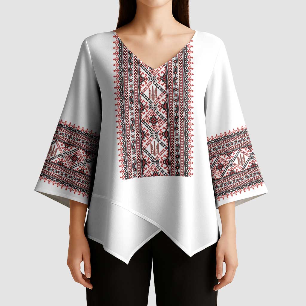 Personalized Ukrainian Trident Kimono Sleeve Blouse White Tryzub Vyshyvanka Pattern - Wonder Print Shop