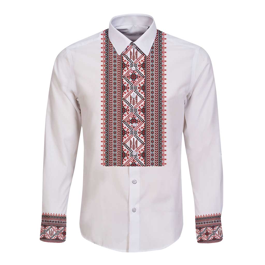 Personalized Ukrainian Trident Long Sleeve Button Shirt White Tryzub Vyshyvanka Pattern - Wonder Print Shop