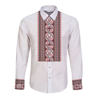Personalized Ukrainian Trident Long Sleeve Button Shirt White Tryzub Vyshyvanka Pattern - Wonder Print Shop